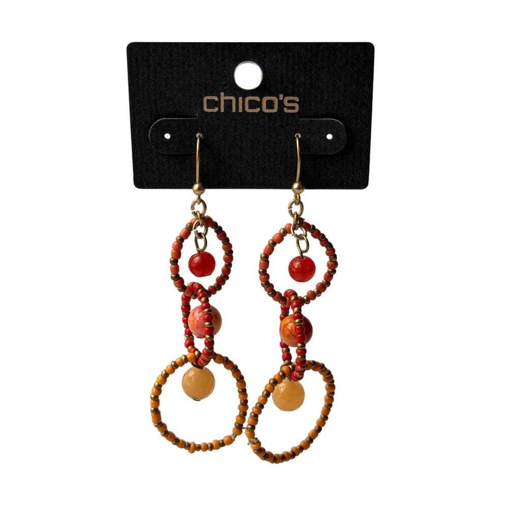 Vintage 1990s Chico’s Beaded Loop Dangle Earrings‎ Red Orange Brass Statement